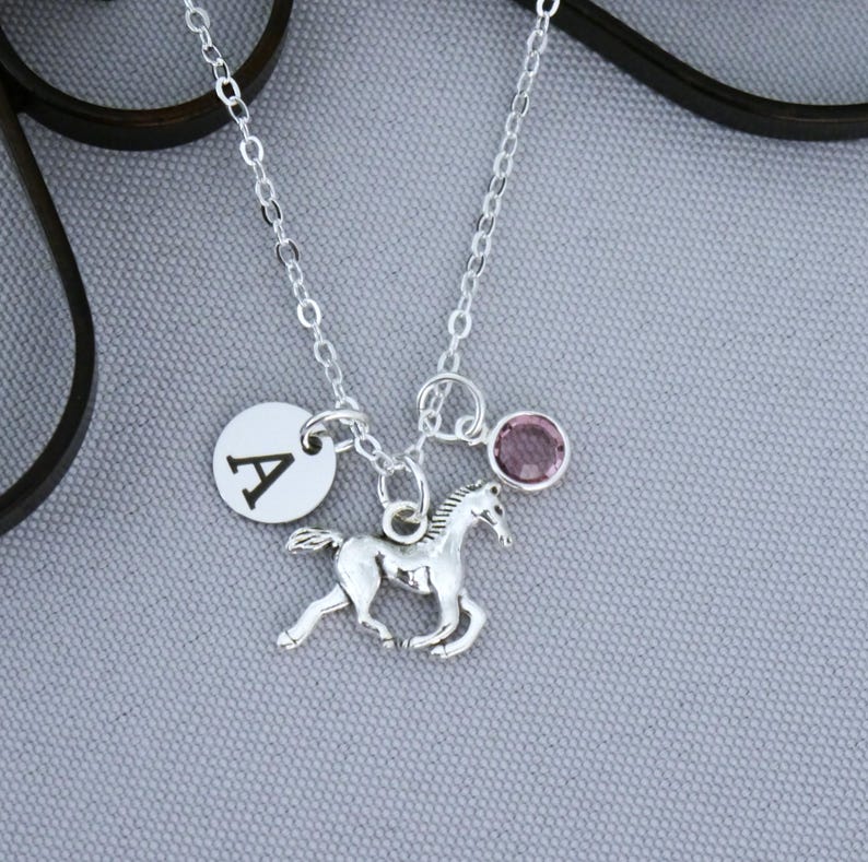 May include: A silver-toned necklace featuring a delicate chain with three charms: a circular disc engraved with the letter A, a detailed horse figurine in a running pose, and a small, round, faceted pink gemstone set in a silver-toned bezel.