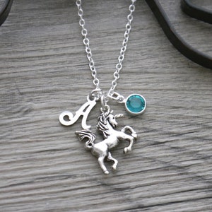 Personalized Unicorn Necklace, Unicorn Jewelry, Fairy Tale Necklace, Silver Unicorn Necklace, Unicorn Gifts, Unicorn, Letter Birthstone