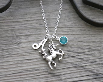 Personalized Unicorn Necklace, Unicorn Jewelry, Fairy Tale Necklace, Silver Unicorn Necklace, Unicorn Gifts, Unicorn, Letter Birthstone