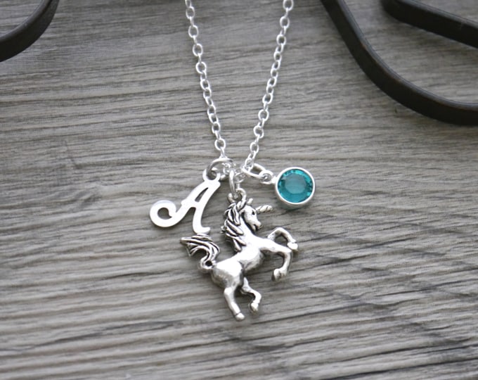 Personalized Unicorn Necklace, Unicorn Jewelry, Fairy Tale Necklace, Silver Unicorn Necklace, Unicorn Gifts, Unicorn, Letter Birthstone
