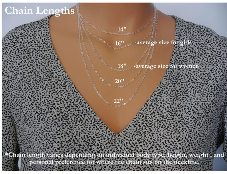 May include: A display of silver chain necklaces of varying lengths, from 14 to 22 inches, against a patterned top. Text indicates average sizes for girls and women. The image is a guide for chain length selection.