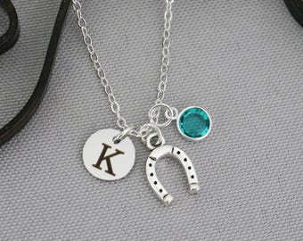 Horseshoe Necklace, Personalized, Initial Disc, Birthstone, Custom, Horse shoe Gifts for Girls, Good Luck Jewelry, Lucky Charm, Silver