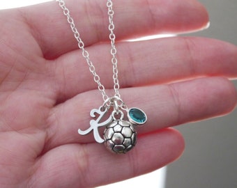 Soccer Necklace, Personalized, Soccer Ball Charm Jewelry, Letter, Initial Disc, Birthstone, Gift for Girls, Custom, Silver