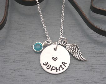 Angel Wing Name Necklace, Personalized Angel Wing Necklace, Angel Wing Jewelry, Name Birthstone Necklace, Memorial Gifts, Guardian Angel