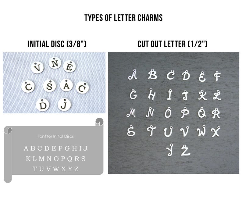 May include: A display of jewellery components titled TYPES OF LETTER CHARMS. It features silver circular initial discs measuring 0.95 cm, silver cut-out letter charms measuring 1.27 cm, and a scroll graphic showing the font for initial discs.