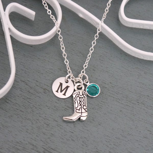 Cowgirl Necklace, Personalized Country Girl Necklace, Boot Initial Necklace, Boot Necklace, Letter Birthstone, Western Necklace, Custom