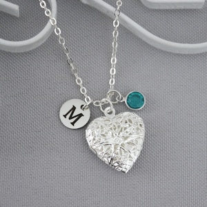 Girls Necklace, Personalized, Picture Locket, Heart Photo Locket, Initial Charm, Birthstone, Letter Disc, Custom, Gifts Niece Granddaughter image 2