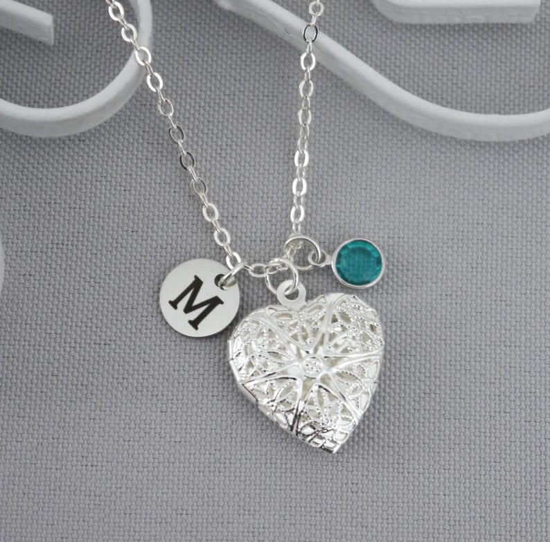 Girls Necklace, Personalized, Picture Locket, Heart Photo Locket, Initial Charm, Birthstone, Letter Disc, Custom, Gifts Niece Granddaughter image 2