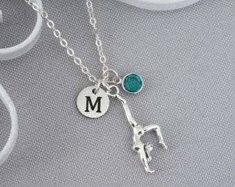 Gymnast Necklace, Personalized, Gymnastiscs Jewelry, Initial Disc, Letter Charm, Birthstone, Silver, Jewelry Gifts for Girls, Custom, Unique