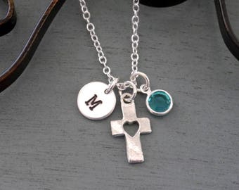 Cross Heart Necklace, Personalized Cross Necklace, Cross Initial Necklace, First Communion Necklace, Confirmation Gifts, Adult Baptism Gifts