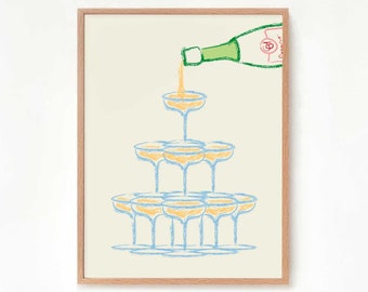 Bar Cart Print Cheers Print Drinks Tower Illustration Retro Kitchen Wall Art Illustrated Decor 90s Bar Cart Decor Art Trendy Wall Art