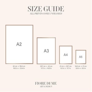 May include: Size guide for unframed prints in four sizes: A2 (16.5 x 23.4 inches), A3 (11.7 x 16.5 inches), A4 (8.3 x 11.7 inches), and A5 (5.8 x 8.3 inches).