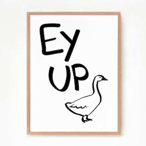 May include: A framed print with the text "Ey Up" in black lettering and a black and white illustration of a goose.