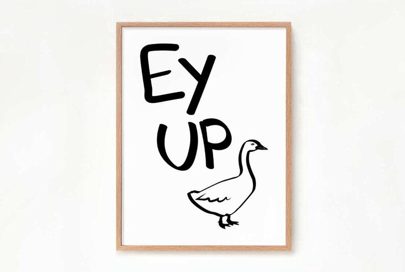 May include: A framed print with the text "Ey Up" in black lettering and a black and white illustration of a goose.