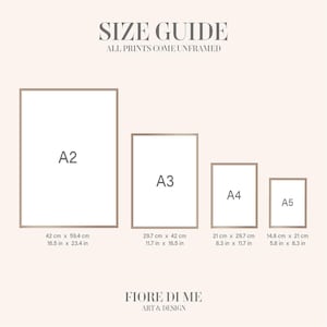 May include: Size guide for unframed prints in four sizes: A2 (16.5 x 23.4 inches), A3 (11.7 x 16.5 inches), A4 (8.3 x 11.7 inches), and A5 (5.8 x 8.3 inches).