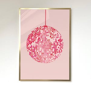 Pink disco ball print vibrant wall art featuring a hand-drawn pink glittering disco ball. Pink gallery wall art retro-inspired space. art design modern aesthetic, and stylish home decor for disco lovers.