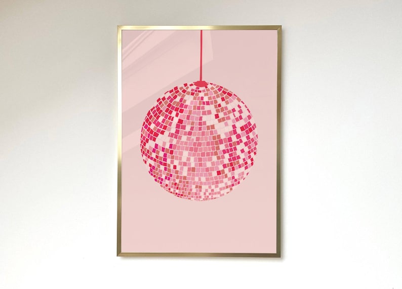 Pink disco ball print vibrant wall art featuring a hand-drawn pink glittering disco ball. Pink gallery wall art retro-inspired space. art design modern aesthetic, and stylish home decor for disco lovers.