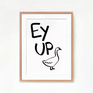 May include: A framed print with the text "Ey Up" in black lettering and a black and white illustration of a goose.