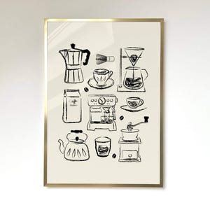 May include: A black and white illustration of various coffee brewing methods, including a French press, a percolator, a pour-over coffee maker, an espresso machine, and a coffee grinder.