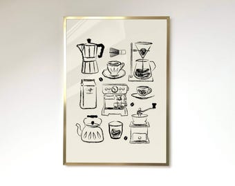 May include: A black and white illustration of various coffee brewing methods, including a French press, a percolator, a pour-over coffee maker, an espresso machine, and a coffee grinder.