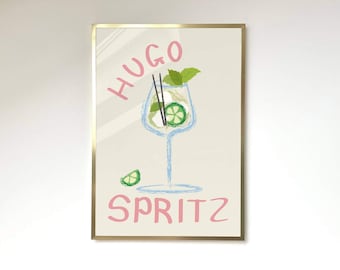 Hugo spritz Print Cocktail Poster Aesthetic Poster Kitchen Artwork Cocktail Print Bar Decor Drink Lovers Hugo Cocktail Wall Art