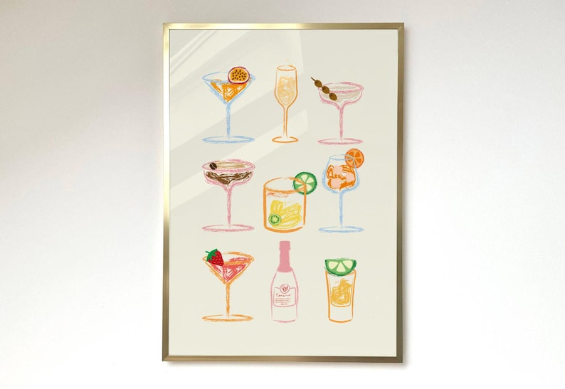 Different cocktail cheers print, cocktail drinks kitchen wall art featuring hand-drawn cocktails illustrations. Perfect for bar decor or gifts for cocktail lovers. Fun drink illustrations.