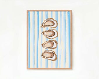 Oyster Shell Painting Wall Art Oyster Print Abstract Coastal Beach House Wall Art Pastel Blue Stripe retro modern Kitchen Print Home Decor