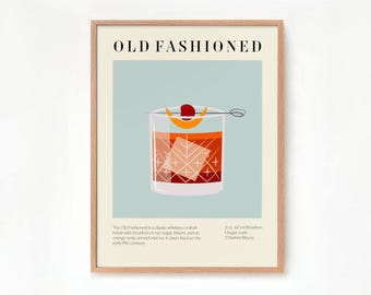 Old Fashioned Print Cocktail Poster Kitchen Artwork Cocktail Print Bar Decor Drink Lovers Old Fashioned Cocktail Recipe Mixology Wall Art