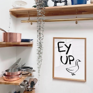 May include: A white framed print with the text "Ey Up" and a black and white illustration of a goose. The print is hanging on a white wall with wooden shelves and a copper pot on the shelf.
