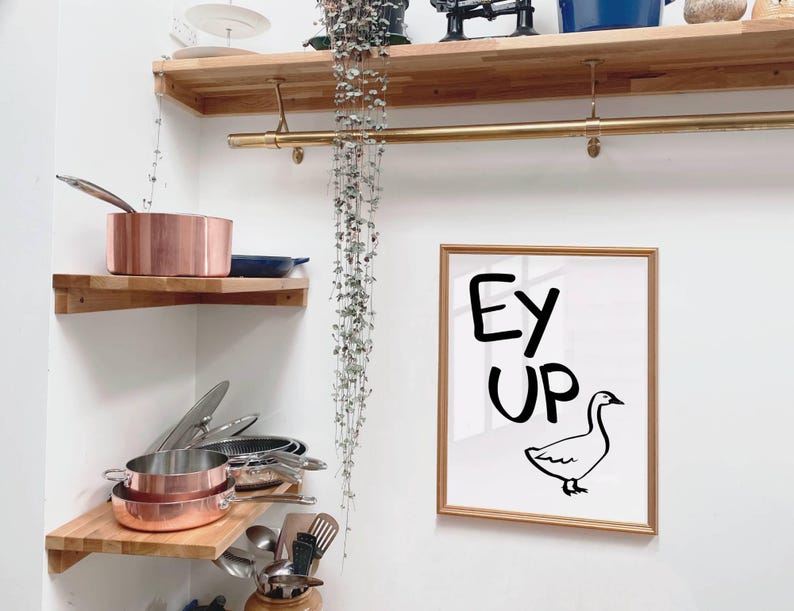 May include: A white framed print with the text "Ey Up" and a black and white illustration of a goose. The print is hanging on a white wall with wooden shelves and a copper pot on the shelf.
