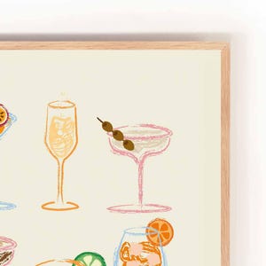 May include: A digital illustration of a collection of colorful cocktails in various glasses. The illustration is drawn in a hand-drawn style with a light background.