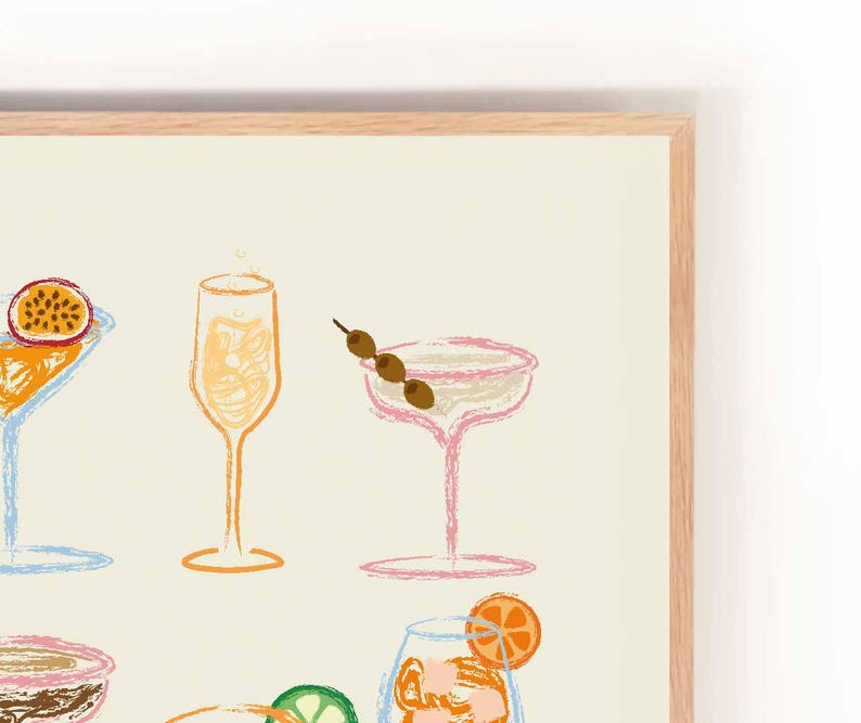 May include: A digital illustration of a collection of colorful cocktails in various glasses. The illustration is drawn in a hand-drawn style with a light background.