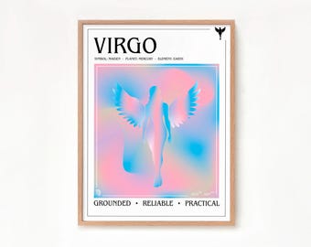 Pode incluir: Um pôster com um fundo degradê rosa e azul que apresenta uma imagem estilizada de uma pessoa com asas. O texto "VIRGO" está no topo do pôster, com as palavras "GROUNDED - RELIABLE - PRACTICAL" na parte inferior.