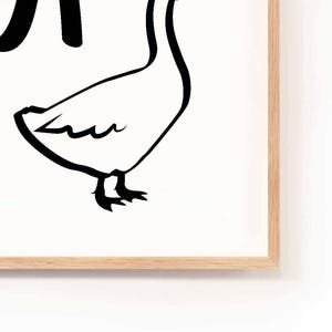 May include: A black and white line drawing of a goose with its head tilted to the side. The goose is facing the left side of the image.