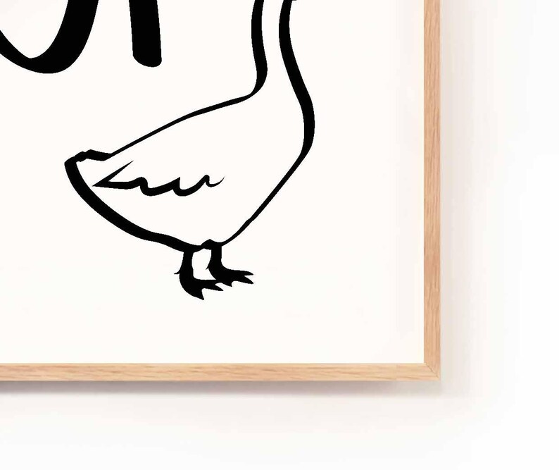 May include: A black and white line drawing of a goose with its head tilted to the side. The goose is facing the left side of the image.