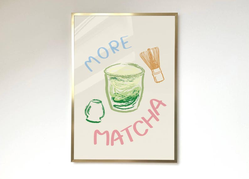 Matcha illustration print, vibrant matcha green wall art featuring a hand-drawn matcha tea cup with more matcha typography. Perfect for kitchen decor, trendy green tones matcha enthusiasts' decor, and stylish home or café accent piece.