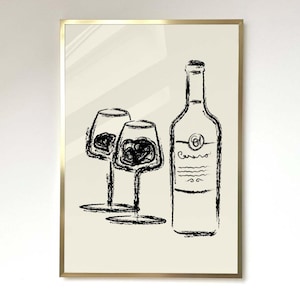 Wine Art Print Wine Bottle and Glasses kitchen Wine Poster Kitchen Wall Art French Retro Bar Cart Art Midcentury Modern Bar Decor Wine Print