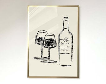 Wine Art Print Wine Bottle and Glasses kitchen Wine Poster Kitchen Wall Art French Retro Bar Cart Art Midcentury Modern Bar Decor Wine Print