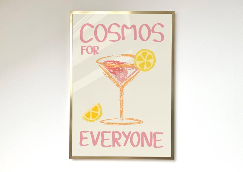 Cosmo cocktail drawing print, pink cocktail wall art featuring a hand-drawn cosmopolitan cocktail with lemon wedges. Perfect for bar decor, cocktail lovers, stylish home bar accent, and chic gift for drink enthusiasts.