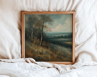 Vintage Field Landscape Square Print: Dark Moody Oil Painting Style