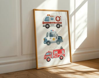 Emergency vehicles print- Boys Bedroom Home Decor