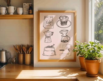 May include: A framed print featuring hand-drawn illustrations of coffee-making equipment. The artwork includes a coffee bag with the word "Coffee", a cup of coffee, a Moka pot, a pour-over, a bag of coffee beans, and an espresso machine.