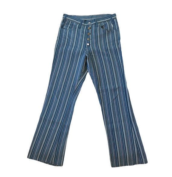 Vintage 70s Levis Gold Tab Blue Striped Flare Jeans Button Fly 