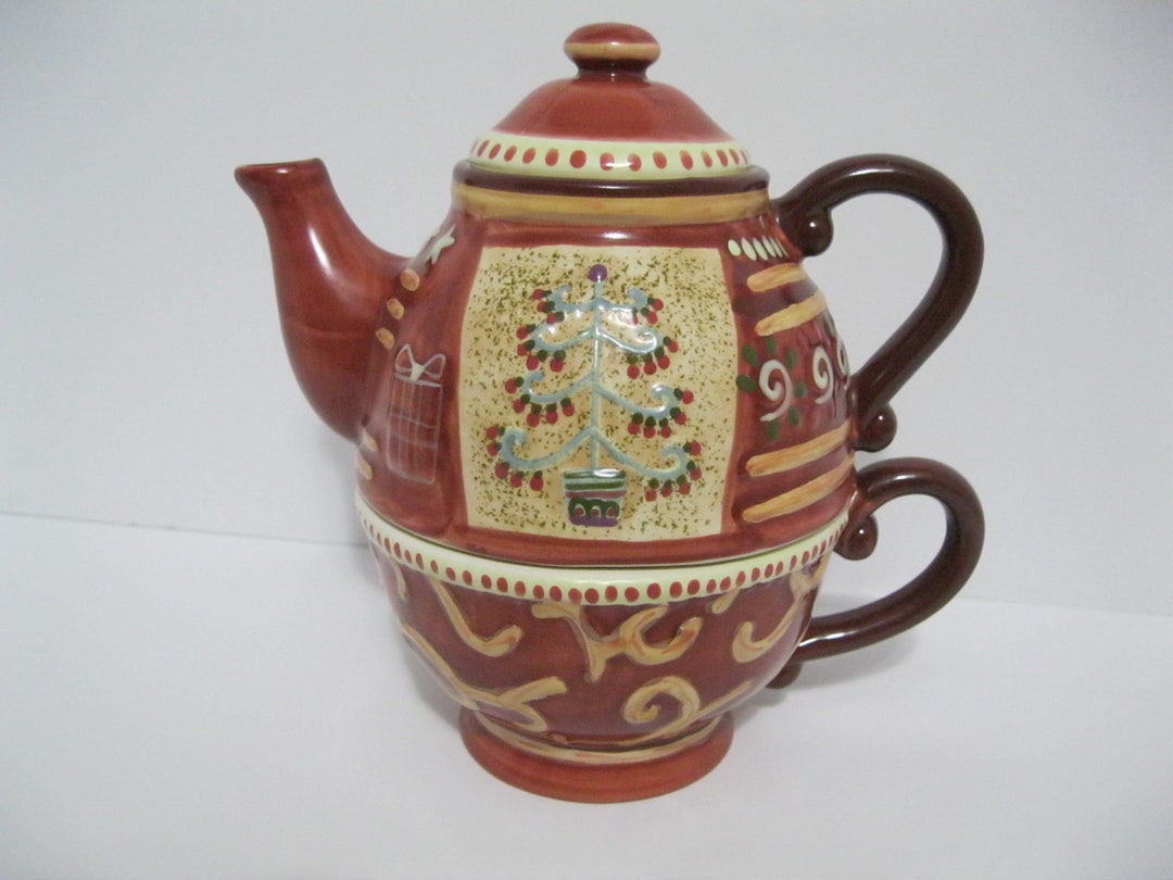 Vintage Stackable Christmas Teapot and Cup Set, Handpainted Christmas