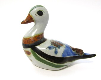 Vintage Tonala Mexico Duck Figurine, Mexican Folk Art Statuette, Hand Painted Ceramic Pottery Bird