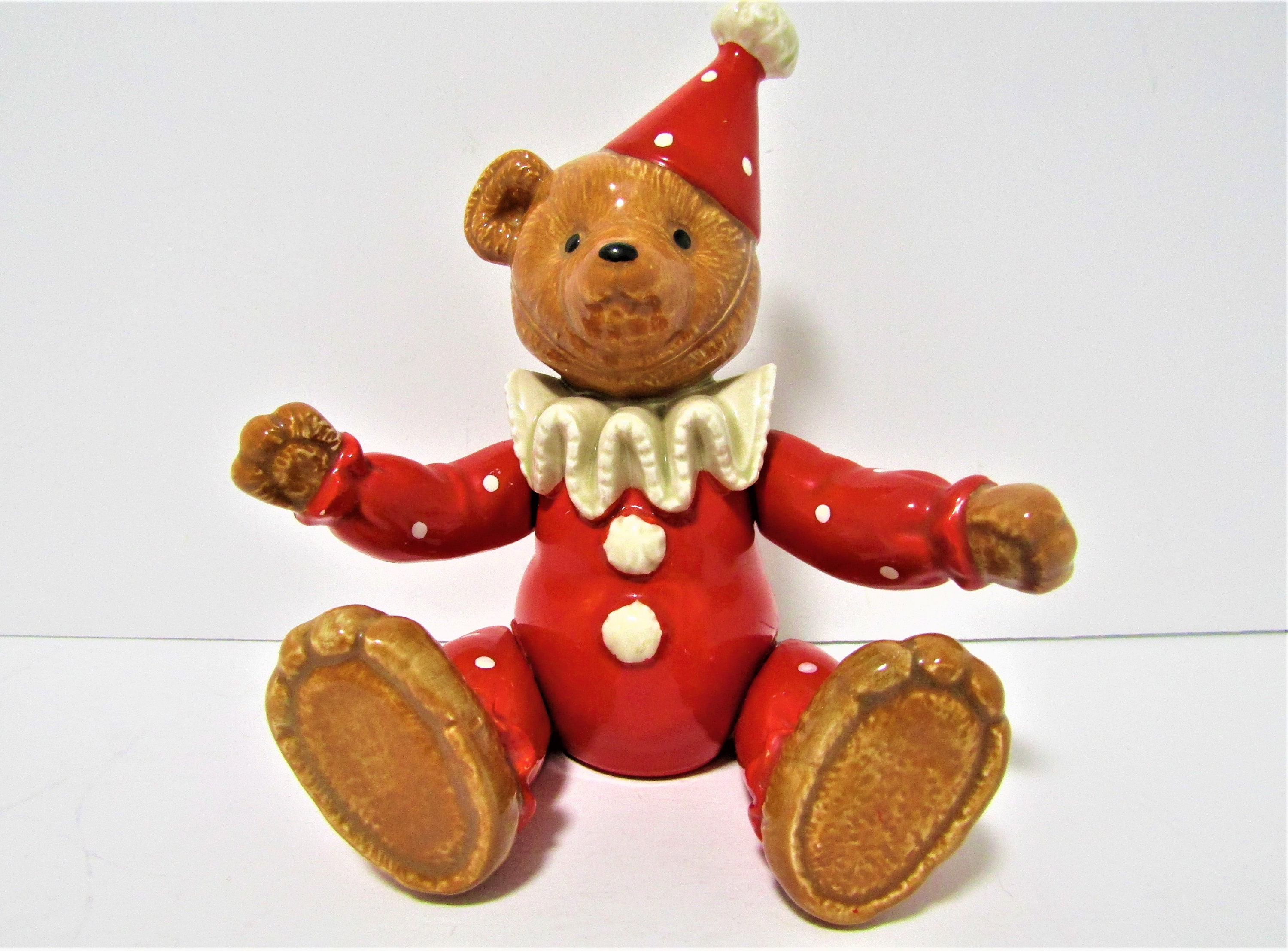 RARE Robert Raikes Jester Teddy Bear Clown With Mini Bear White Wooden