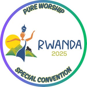 May include: Circular graphic with the words "PURE WORSHIP" and "SPECIAL CONVENTION" in yellow and blue text. The word "RWANDA" is in blue, with "2025" in green. An illustration of a person carrying a vessel on their head is also included.