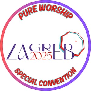May include: A purple and red circle with the text "PURE WORSHIP ZAGREB 2025 SPECIAL CONVENTION" in white. A blue and red geometric shape is in the center of the circle.