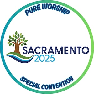 May include: A green and blue circle with the text "PURE WORSHIP" at the top, "SACRAMENTO 2025" in the center, and "SPECIAL CONVENTION" at the bottom. A stylized tree with a blue wave is in the center of the circle.