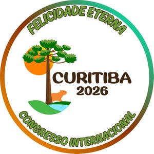 May include: Circular emblem with the text "FELICIDADE ETERNA" at the top and "CONGRESSO INTERNACIONAL" at the bottom. The center features a tree, an orange sun, a capybara, and the words "CURITIBA 2026". The emblem has a green and orange gradient.